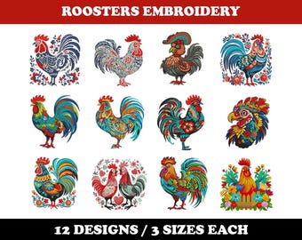 May include: Twelve embroidery designs of roosters in various colors and patterns. The designs are arranged in a grid with the text "ROOSTERS EMBROIDERY" at the top and "12 DESIGNS / 3 SIZES EACH" at the bottom.