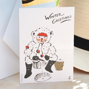 Sports d'hiver Pêche sur glace Carte | Cartes de vœux drôles originales dessinées à la main | Ours polaire | Souhaits chaleureux du pays des merveilles hivernales