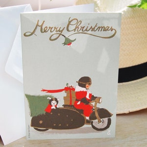 Cartão de Natal clássico do carro 'Sidecar' de <br> Entrega Rápida? Cartão de natal desenhado à mão com cachorro | “Estou voltando para casa no Natal, com mil lembranças…”