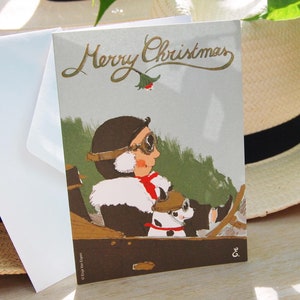 Cartolina di Natale Oldtimer 'Cabrio' con cane | Cartoline di Natale disegnate a mano | “Sto tornando a casa per Natale, con mille ricordi…”