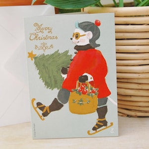 Carte de Noël Oscar de la souris | Shopping de Noël nostalgique sur patins | Cartes de Noël mignonnes et douces dessinées à la main