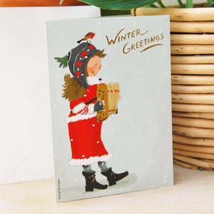 Cartolina di Natale - Ragazza con fisarmonica | Parte del Quartetto di Natale | Dolce atmosferico affascinante e nostalgico | Biglietto di auguri disegnato a mano