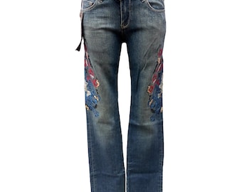 Vintage Low Waist Jeans with Floral Embroidery & Sequins, Size 26