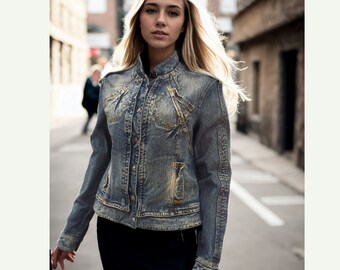May include: A blue denim jacket with a stand-up collar and zipper closure. The jacket has a distressed look with faded areas and stitching details.