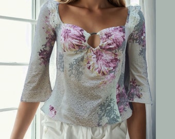 Roberto Cavalli Floral Blouse with Metal Logo Ring Vintage 90s Designer Top