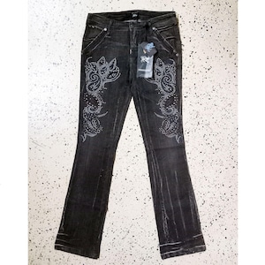 Bell bottom jeans with embroidery and studs, black women&#39;s y2k Parasuco flared jeans size 26 Us