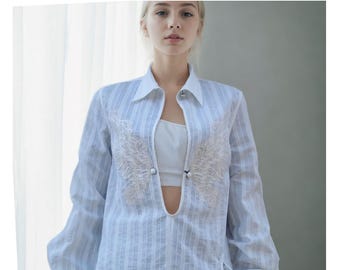 White Blouse with Embroidery, Parasuco Y2K Vintage Blouse, Long Sleeve Embroidered Shirt