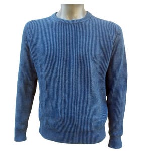 Blue wool and cotton crew neck sweater for men, vintage stripe sweater