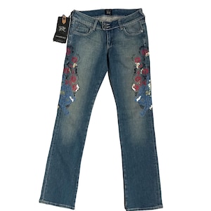 Jeans with Floral embroidery, Women&#39;s vintage jeans with embroidery, Jeans with embroidery and sequins, size 28.