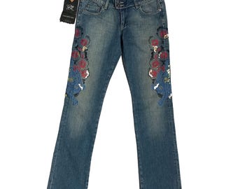 Vintage Floral Embroidered Jeans, Sequin Detail, Size 28