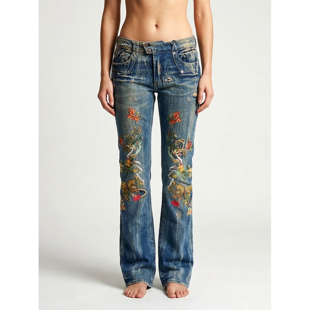 Flared Jeans, Embroidered Jeans, Vintage Denim Pant, Designer