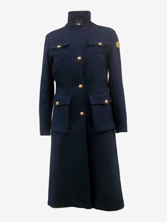 Manteau Femme Vintage Années 50 Bleu Marine Long Avec Boutons - Taille S