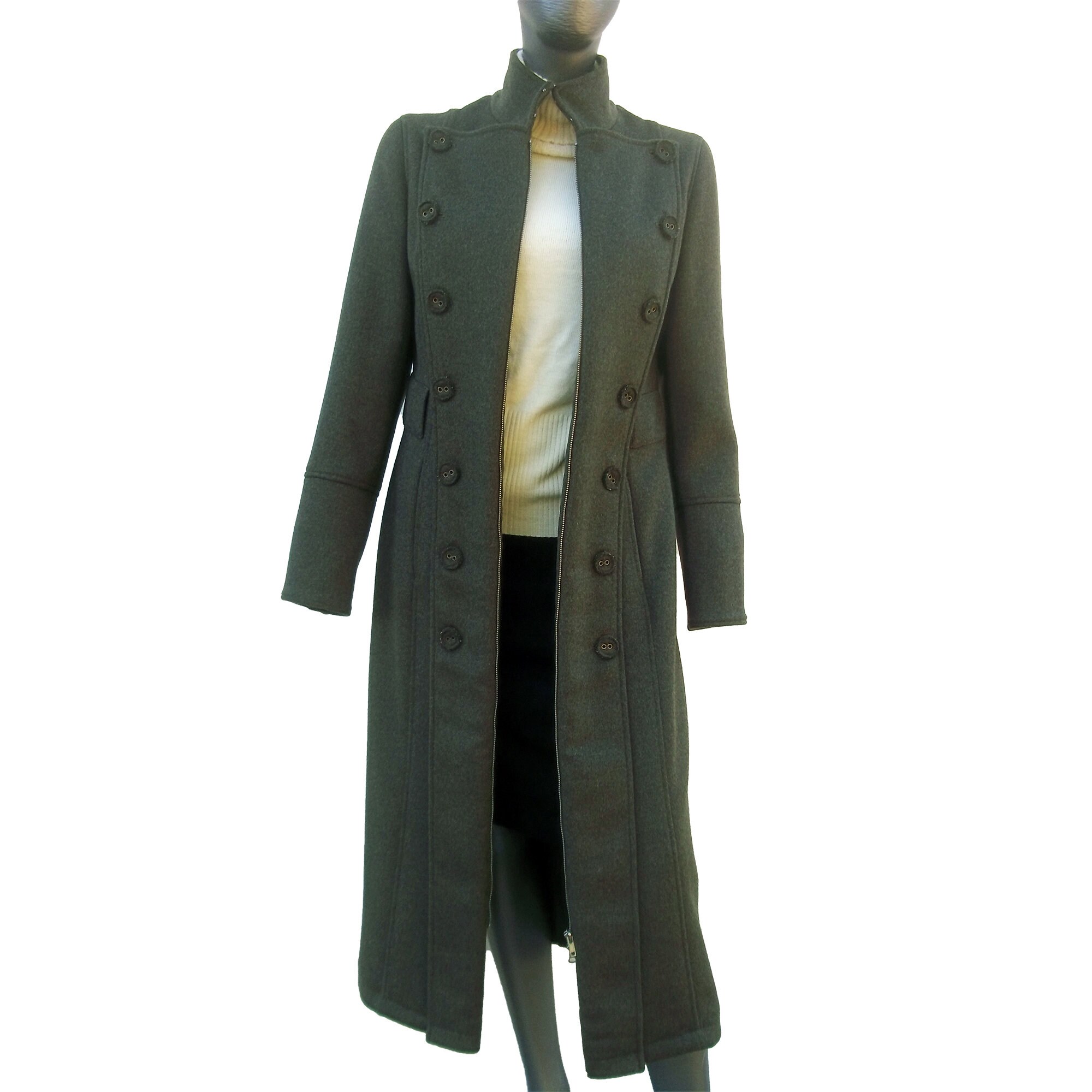 Womens 100% Wool Long Coat, Vintage Coat With Zipper and Buttons