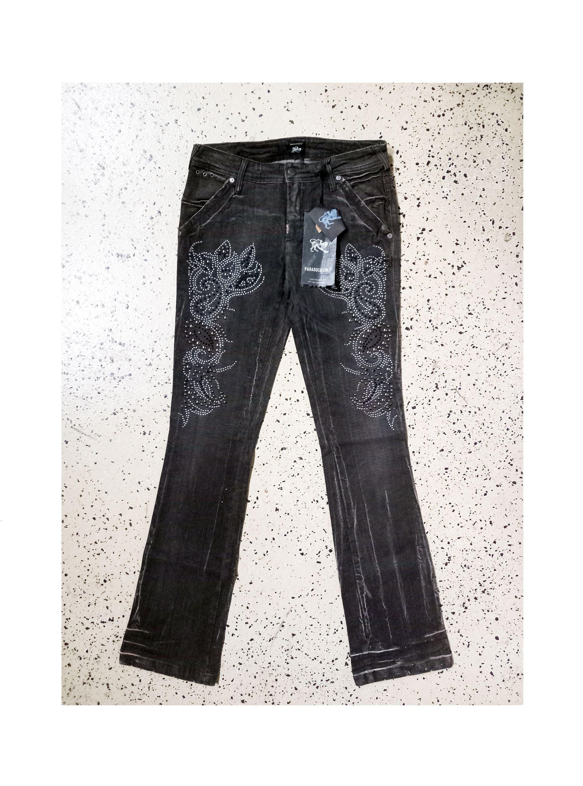 2000s Parasuco Black Flared Jeans, Embroidered & Studded, Size 30