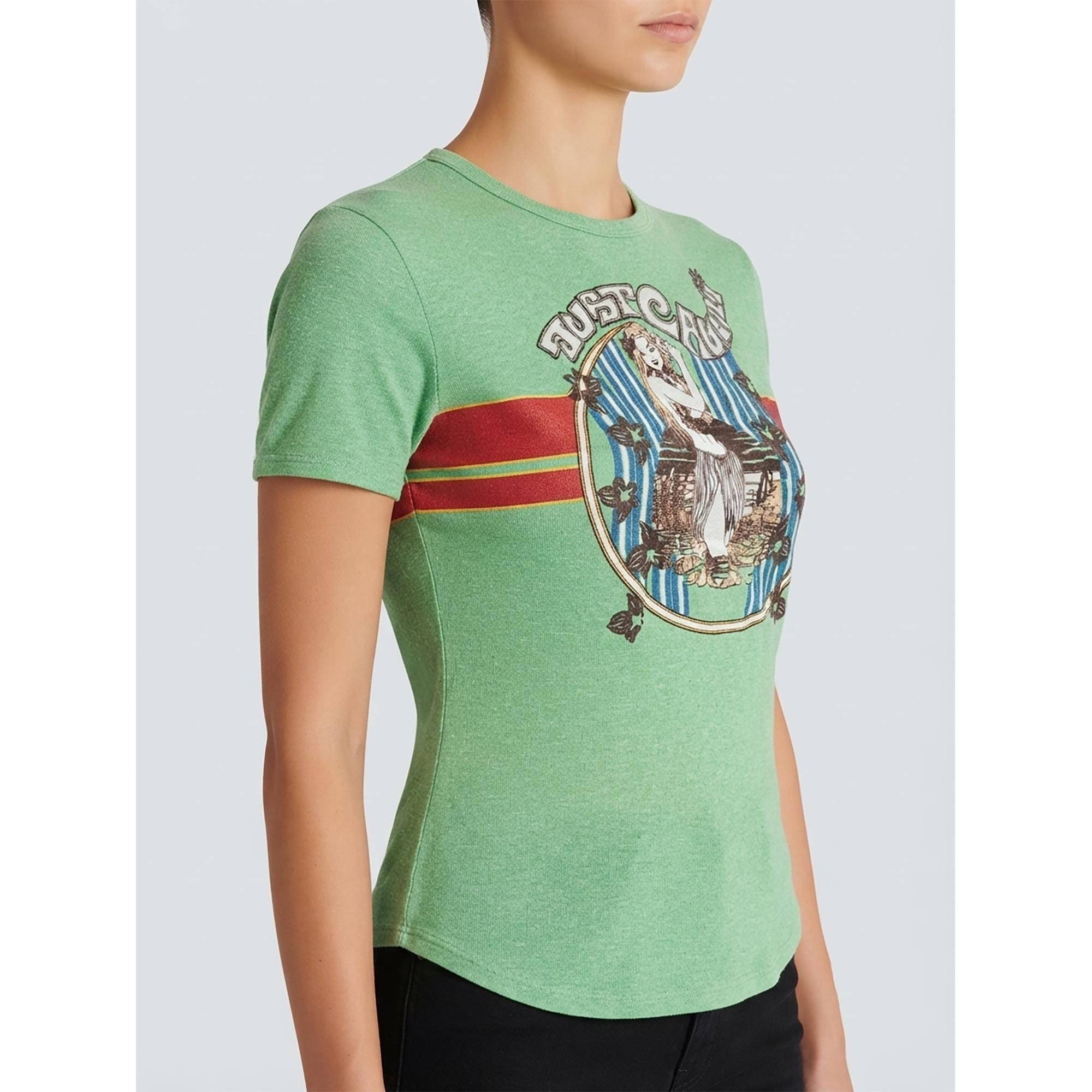 Vintage Just Cavalli Y2K T Shirt Green Hawaiian Hula Girl Graphic