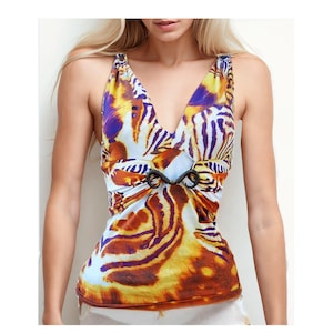 Vintage Patterned Top Roberto Cavalli, Womens top with metal accessory.