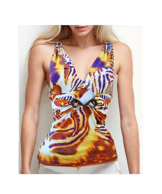 Vintage Patterned Top Roberto Cavalli, Womens top with metal accessory.