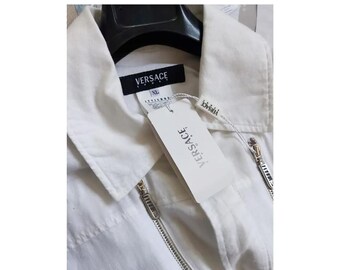 Vintage Versace Mens Linen Bomber Jacket, Light Weight White