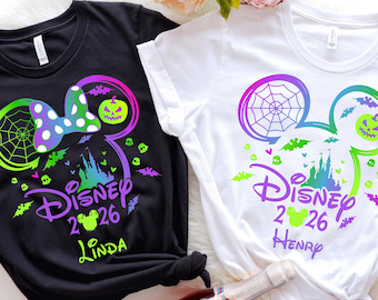 May include: Black and white t-shirts with a Disney Halloween design. The design includes Mickey Mouse ears, a spiderweb, a pumpkin, and the text "Disney 2026". One shirt says "Linda" and the other says "Henry".