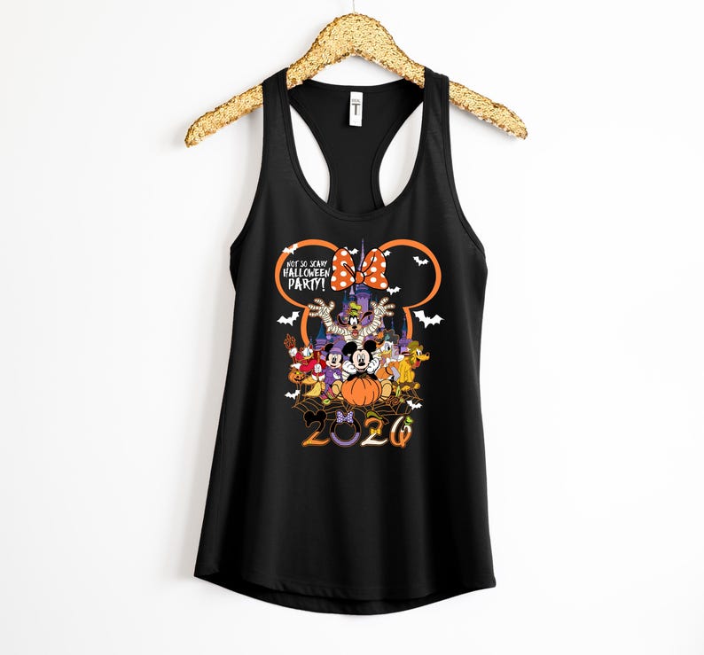 May include: A black racerback tank top featuring a graphic of Disney characters in Halloween costumes. The design includes the text Not So Scary Halloween Party and 2020, with a large orange pumpkin, a castle, and bats on a spiderweb background.