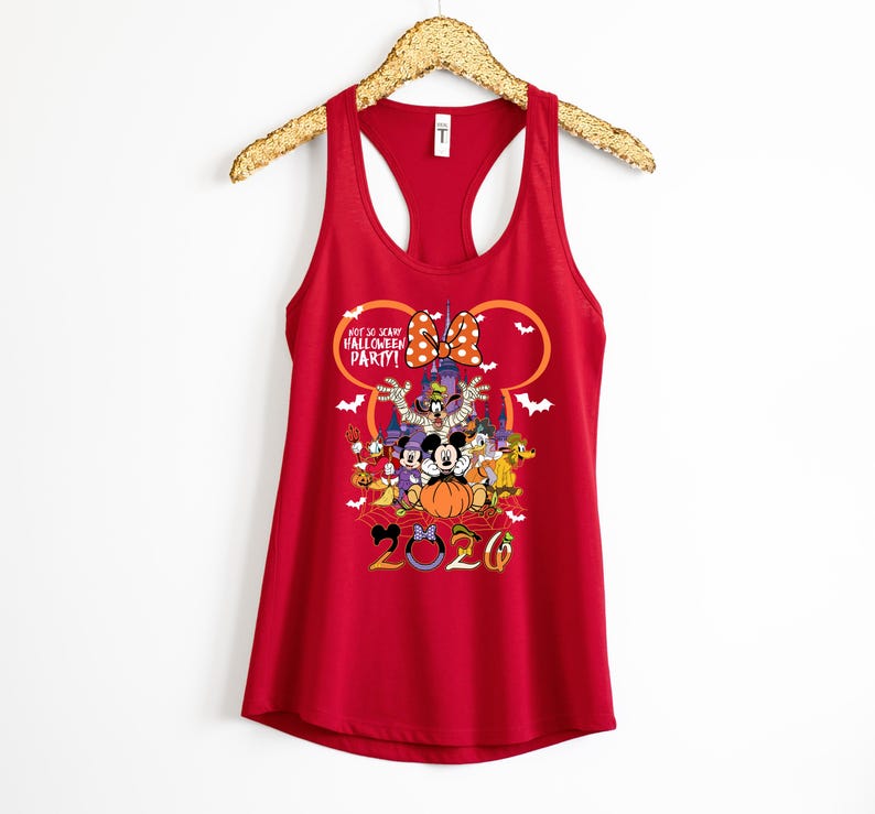 May include: A red racerback tank top featuring a graphic of Disney characters in Halloween costumes, a castle, and the text "Not So Scary Halloween Party! 2020". The design includes a large orange pumpkin, a polka dot bow, and white bats.