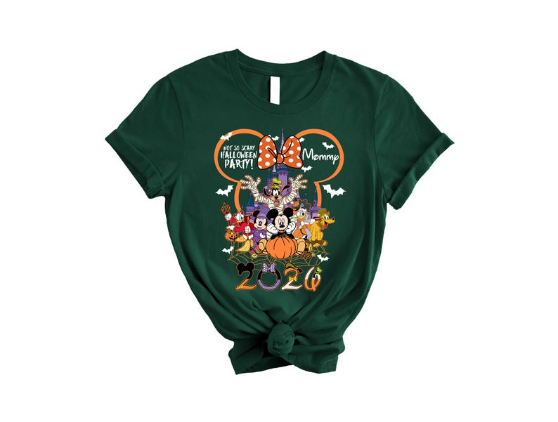 May include: A dark green short-sleeve t-shirt featuring a graphic of Disney characters in Halloween costumes, a pumpkin, and a castle. The text reads "NOT SO SCARY HALLOWEEN PARTY!" and "Mommy" with "2020" at the bottom, all framed by a Mickey Mouse outline.