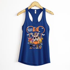 May include: A dark blue racerback tank top featuring a graphic of Disney characters in Halloween costumes. The design includes the text "Not So Scary Halloween Party!" and "2020" with a large orange pumpkin, a polka dot bow, and white bats.
