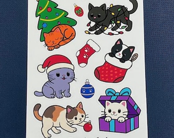 Holiday Cat Sticker Sheet, Cat Stickers, Christmas Cats, Waterproof Stickers