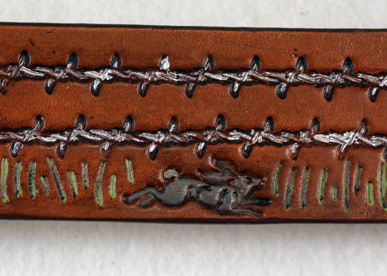 Hand Tooled Leather Belt With Barbed Wire Fence and Wildlife Motives