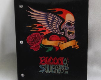 Black Leather Journal BLOOD and SWEAT with Skull, Heart and Rose