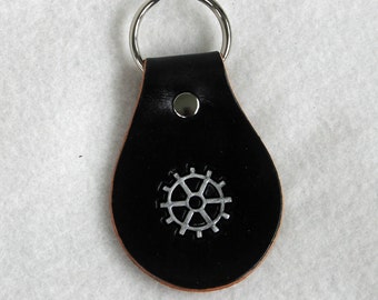 Brown Leather Key Fob - Steam Punk Round Gear