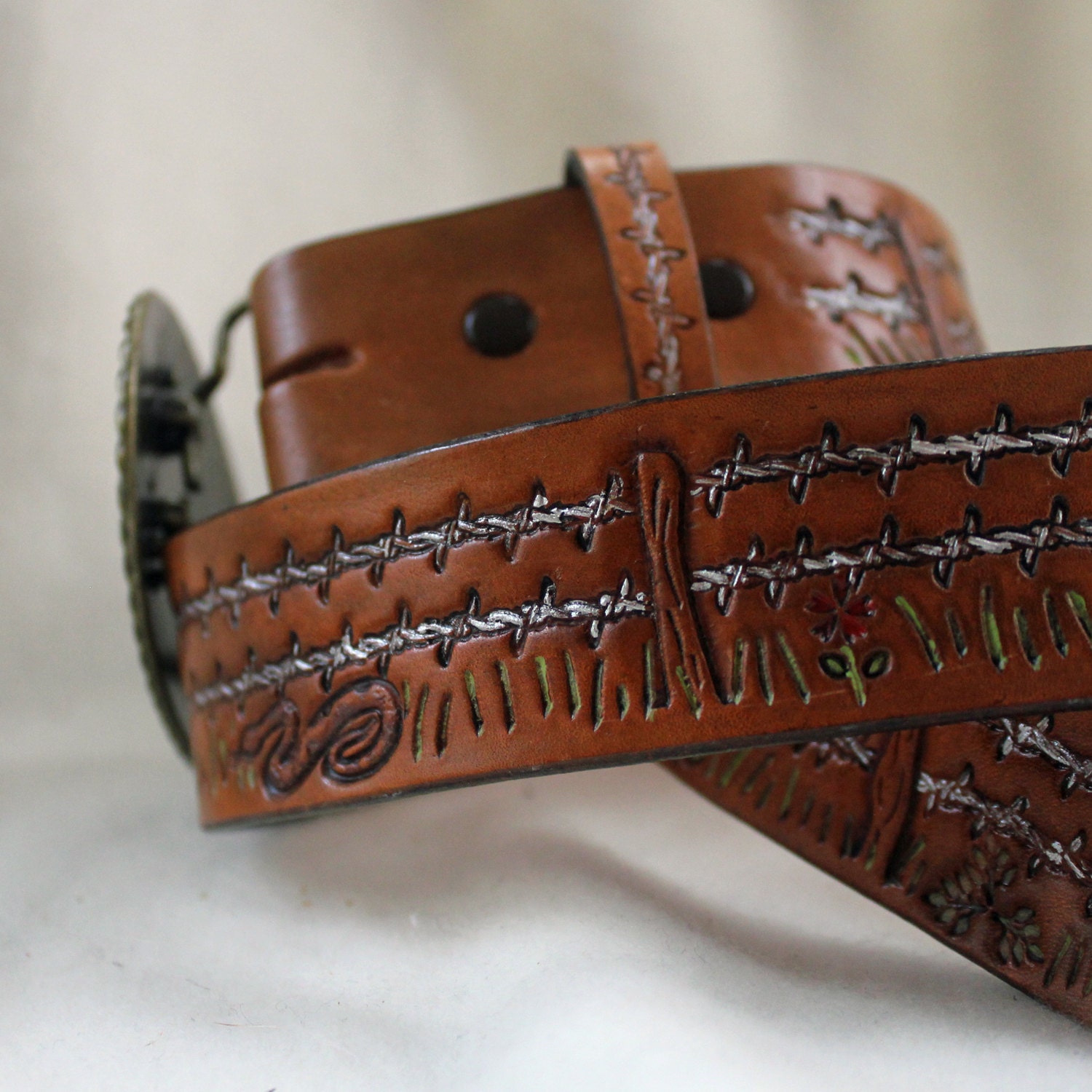 Barbed Wire Leather Belt Handmade Embossed Full Grain Leather Free