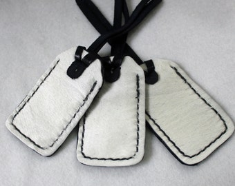 Set of 3 Leather Luggage Tags with White Cow Hide