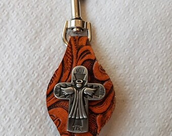 Leather Pocket Watch Fob with silver pewter cross and angel conch