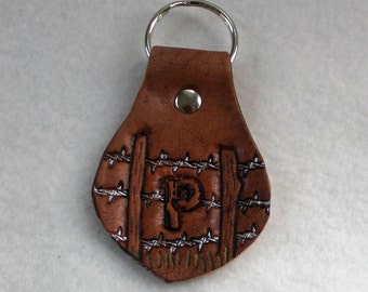 Leather Key Fob - Barbed Wire Fence - P Q R S T - Monogram - Initial