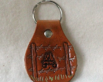 Leather Key Fob - Barbed Wire Fence - A B C D E - Monogram - Initial