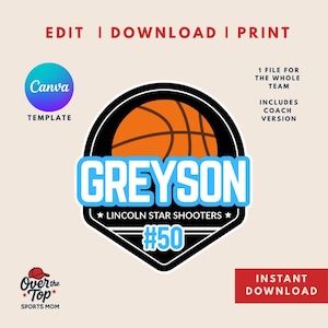 May include: A basketball-themed design with the name "GREYSON" in large, light blue letters. The design includes a basketball graphic, team name "LINCOLN STAR SHOOTERS", and number "50". Text includes "EDIT | DOWNLOAD | PRINT".