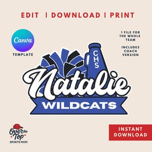 May include: A digital graphic design featuring a blue and black pom-pom and a blue megaphone with the letters CHS. The name Natalie is written in large white script above a blue banner containing the word WILDCATS in white capital letters.