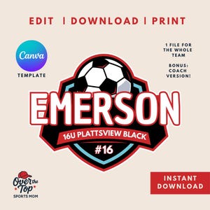 Pode incluir: Design de logotipo de equipa de futebol com o nome "EMERSON" em branco sobre um escudo preto e vermelho. O logotipo inclui um gráfico de bola de futebol e o texto "16U PLATTSVIEW BLACK #16". O design também inclui o texto "EDIT | DOWNLOAD | PRINT".