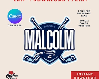 Könnte beinhalten: Digitales Hockey-Teamlogo-Design mit dem Namen "Malcolm" in weißen, fetten Buchstaben. Das Design umfasst gekreuzte Hockeyschläger, ein Schild mit der Nummer 23 und den Text "Edit | Download | Print". Die Canva-Vorlage steht zum sofortigen Download bereit.