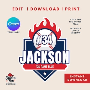 Op de afbeelding: Een honkbal-thema grafiek met de tekst "JACKSON" in vette witte letters op een marineblauwe achtergrond. Een honkbal met het nummer "34" staat in het midden, omringd door rode vlammen. De tekst "EDIT | DOWNLOAD | PRINT" staat bovenaan.