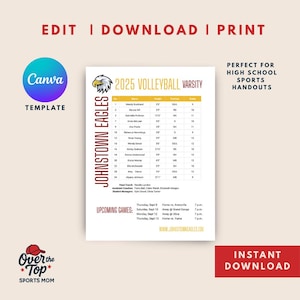 Puede incluir: Una plantilla imprimible de la lista de voleibol Varsity 2025 con el texto "Johnstown Eagles" y "Próximos partidos". El diseño incluye una plantilla de Canva y un botón de "Descarga instantánea". Perfecto para folletos deportivos.
