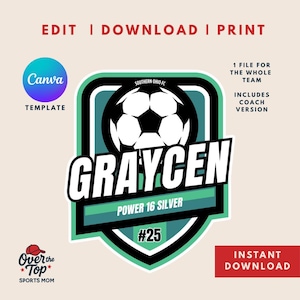 Può includere: Un logo della squadra di calcio con la scritta "GRAYCEN" in bianco, su uno scudo verde acqua e nero. Il design include un pallone da calcio, la scritta "POWER 16 SILVER" e il numero "25". Le parole "EDIT | DOWNLOAD | PRINT" sono in alto.