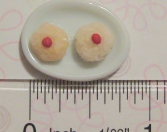 2 dollhouse miniature dessert food macaroon cookies with cherry on top on glass plate