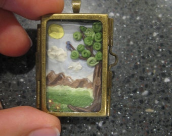 Polymer clay pendant necklace painting shadow box scene wearable art womens unique jewelry tree bluebird