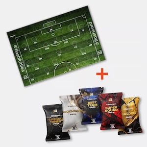 Op de afbeelding: Een groen diagram van een voetbalveld met spelersposities en de tekst "flashfutties" en "flashcard". Daaronder vijf pakken ruilkaarten met verschillende ontwerpen en tekst, waaronder "BEST TEAM PACK" en "SUPER SQUAD PACK".