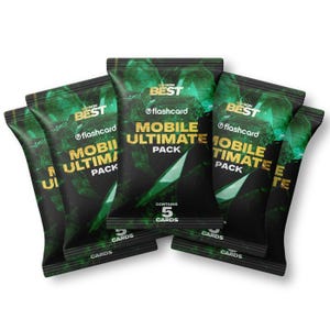 Puede incluir: Un conjunto de cinco paquetes de cartas verdes y negras. Cada paquete tiene las palabras "SEASON BEST" y "flashcard" impresas. Los paquetes están etiquetados como "MOBILE ULTIMATE PACK" y contienen 5 cartas.