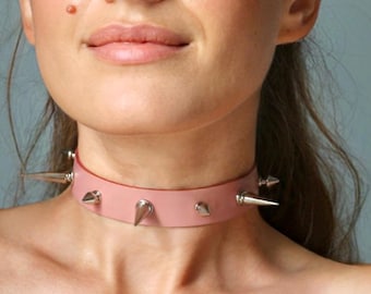Pink Leather Spiked Choker – Gothic Punk E-Girl Necklace, Adjustable Festival Collar