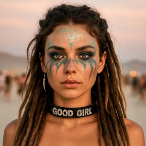 May include: A woman with dreadlocks and face paint wears a black choker with the text "GOOD GIRL" and a black strapless top. Her face is adorned with blue and green makeup.