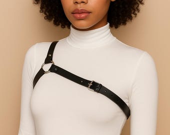 Black Leather Chest Harness – Adjustable Plus Size Body Strap, Handmade Festival Fashion Accessory